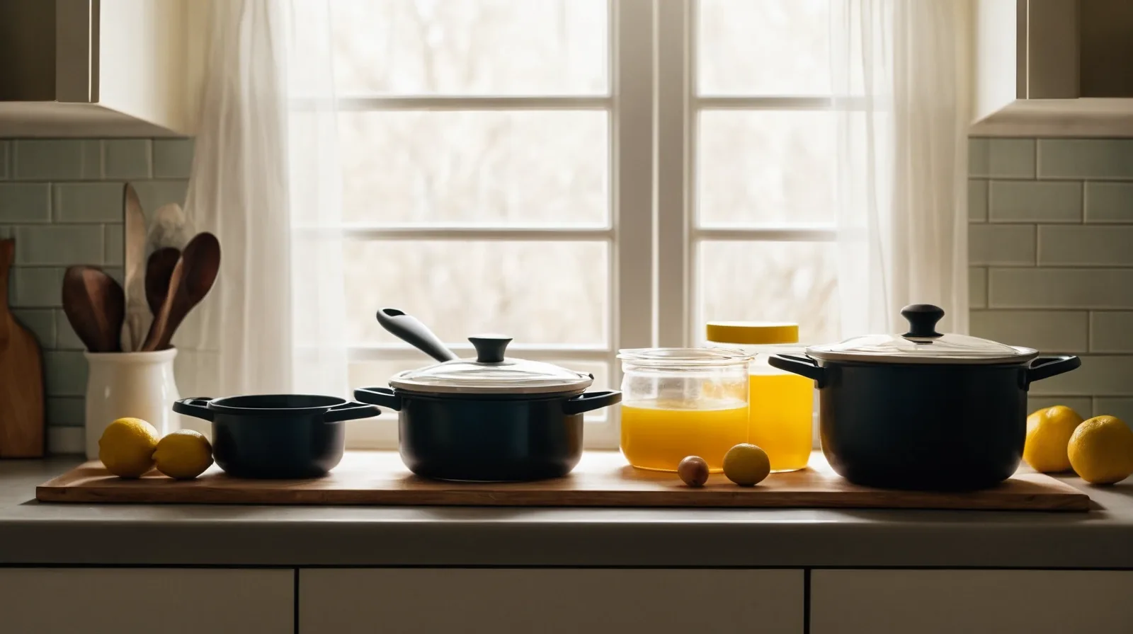 A close-up of four glass jars labeled stock, broth, bone broth, and bouillon, each with clear liquid inside.