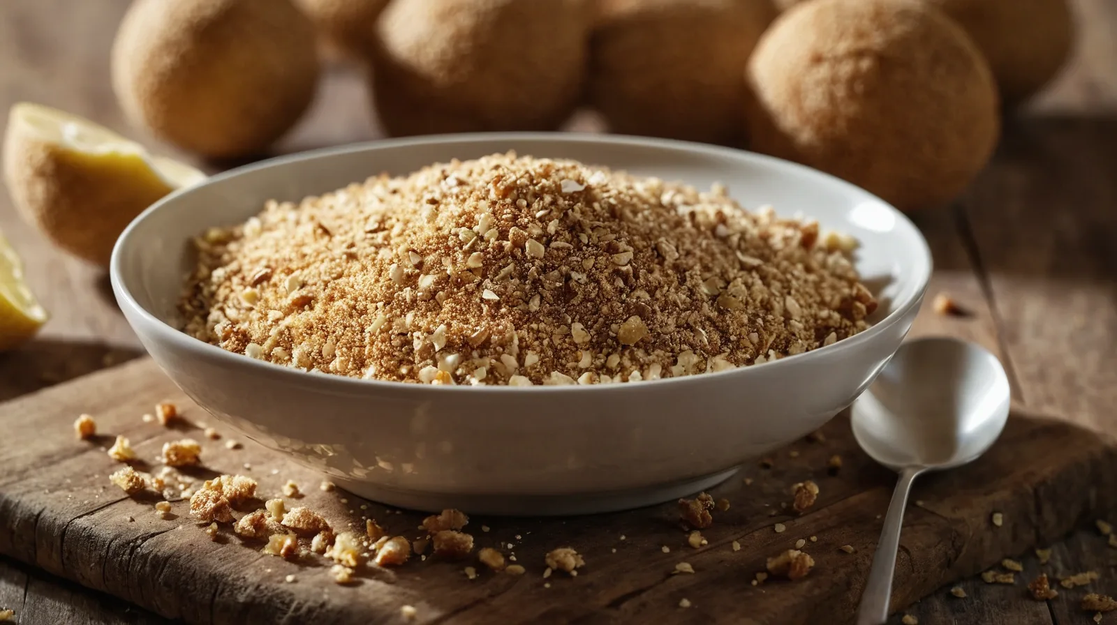 A bowl of golden toasted bread crumbs scattered on a wooden surface.