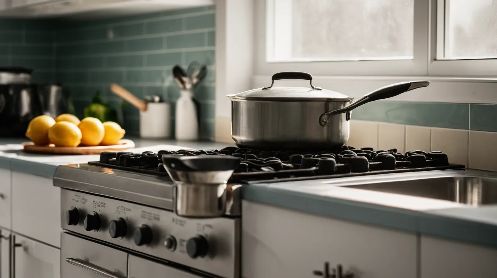 A stainless steel pot with vigorously boiling water and green beans submerged