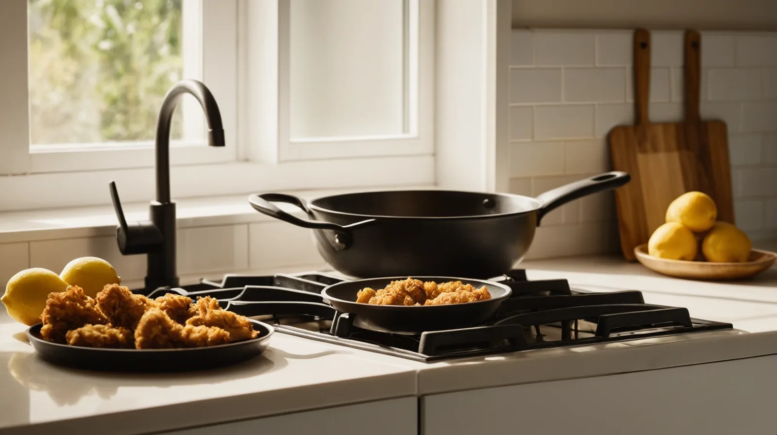 A plate of golden fried chicken pieces with a side of crispy French fries
