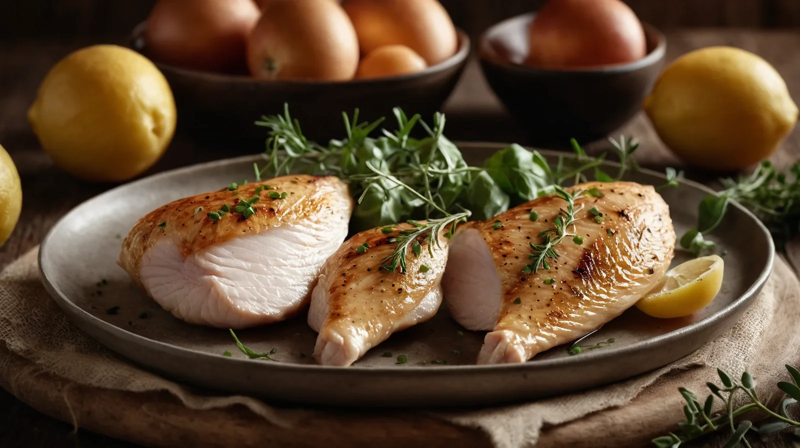 Golden-brown chicken breasts resting on a wooden cutting board with fresh herbs scattered around.