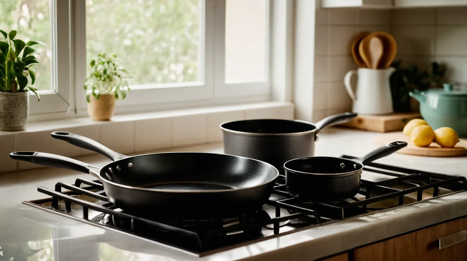 A close-up of a shiny, empty nonstick pan on a wooden countertop.