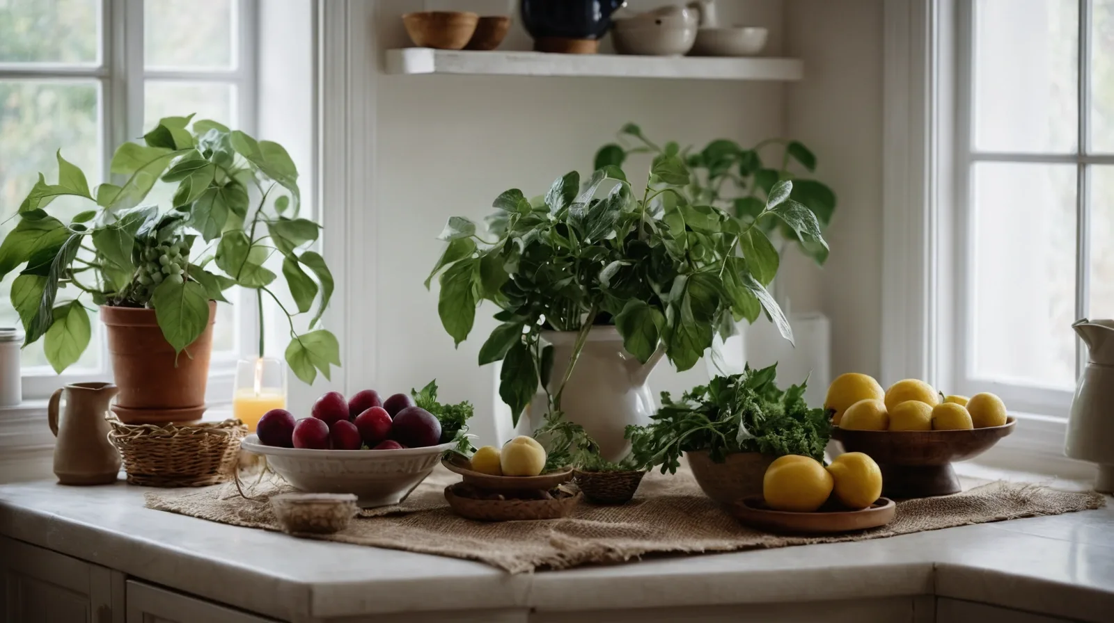 Colorful array of dishes arranged on a wooden table against a rustic wall.