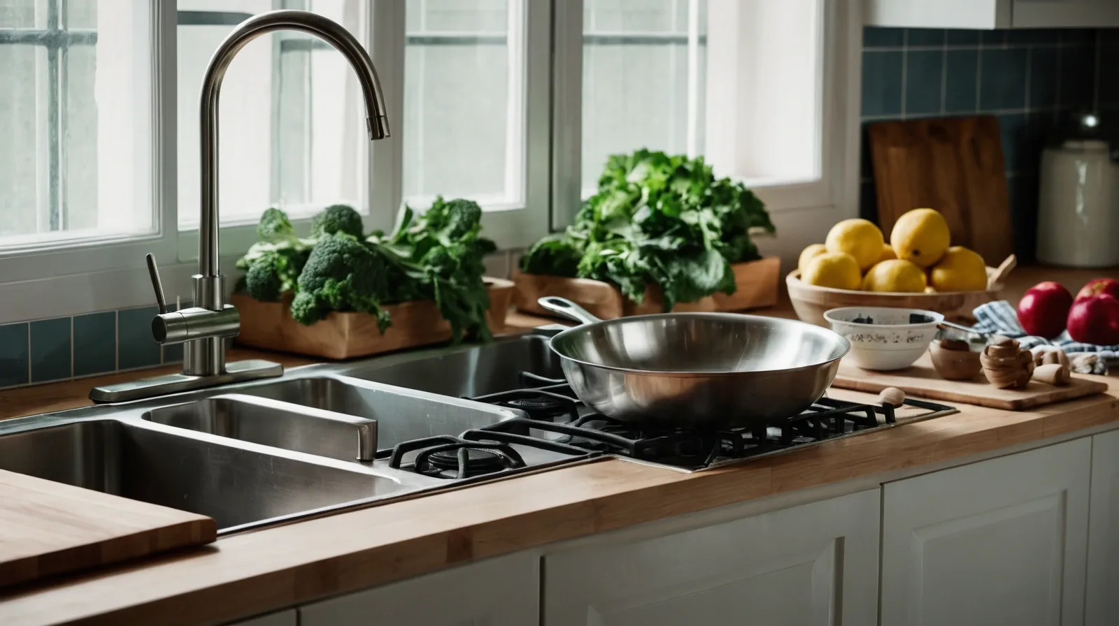 A well-organized kitchen counter with chopped vegetables in bowls and spices lined up neatly.