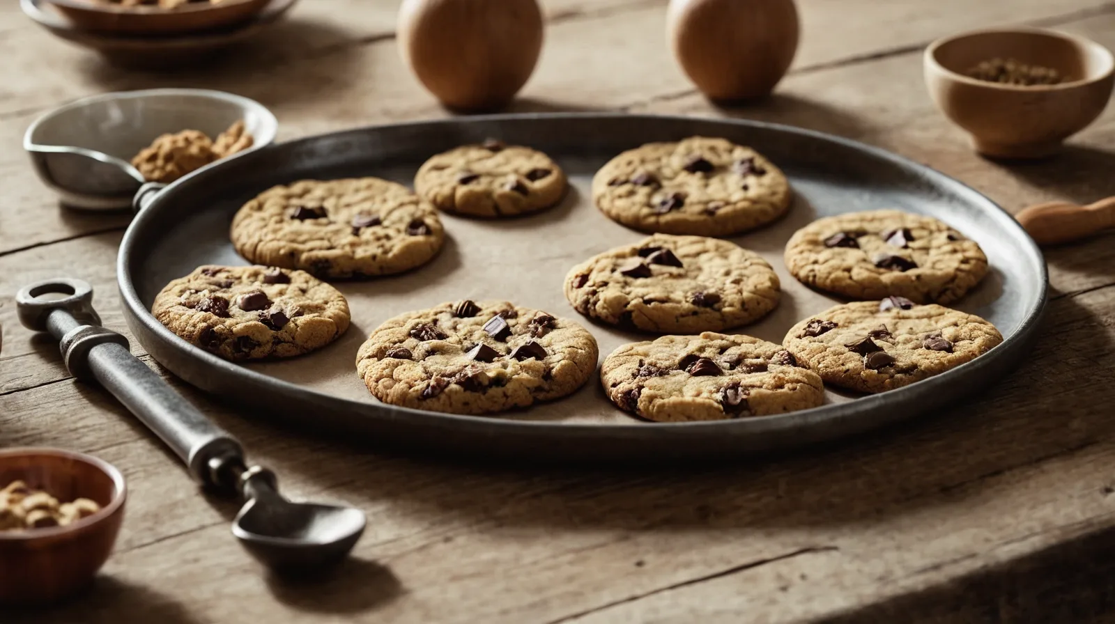 A tray of cookies with varying thicknesses on a baking sheet