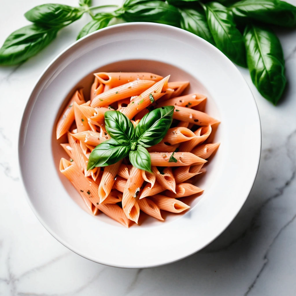 Penne pasta in a creamy tomato sauce with fresh basil leaves sprinkled on top, served in a shallow white bowl.