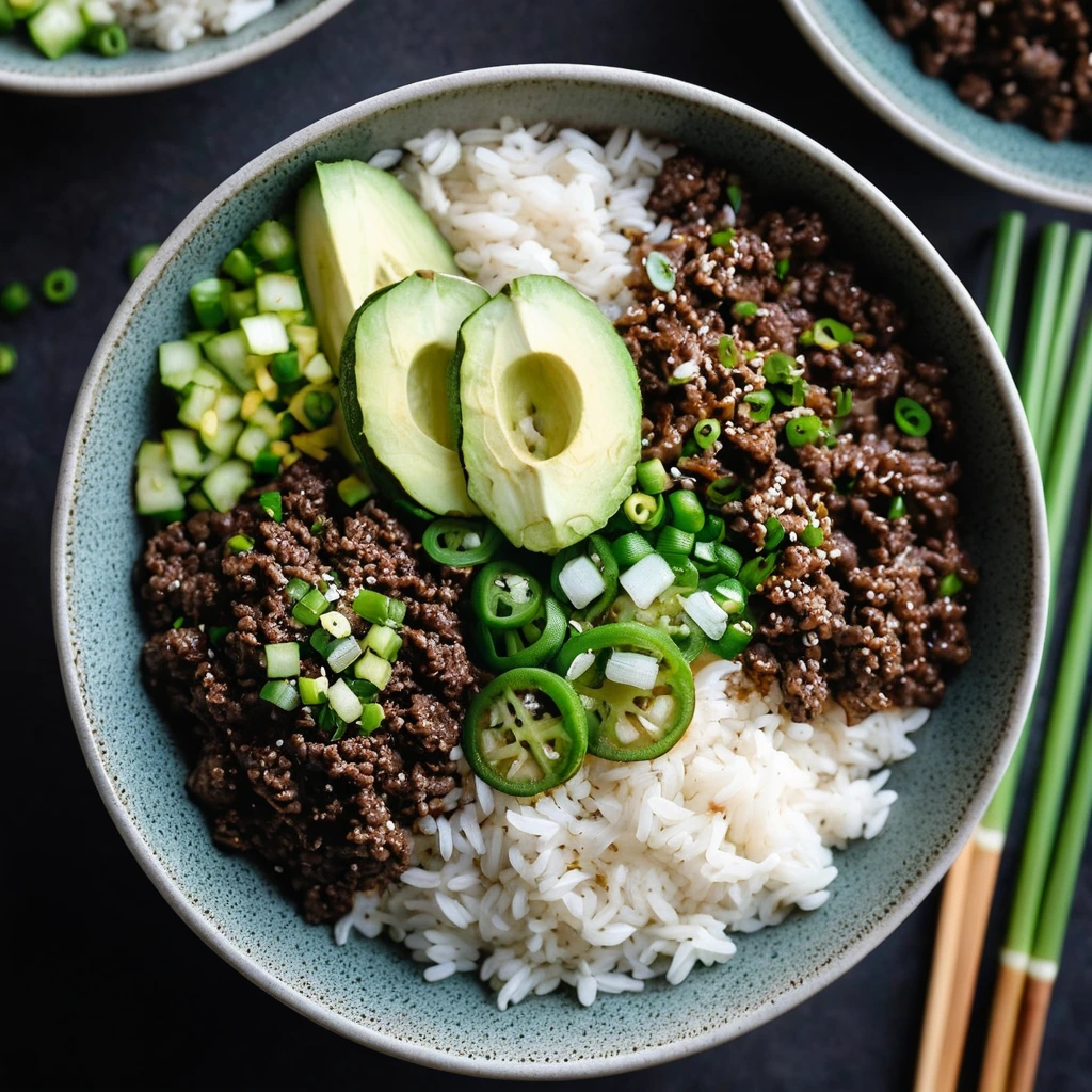 Steaming bowl of rice topped with caramelized ground beef, green onions, and sesame seeds.