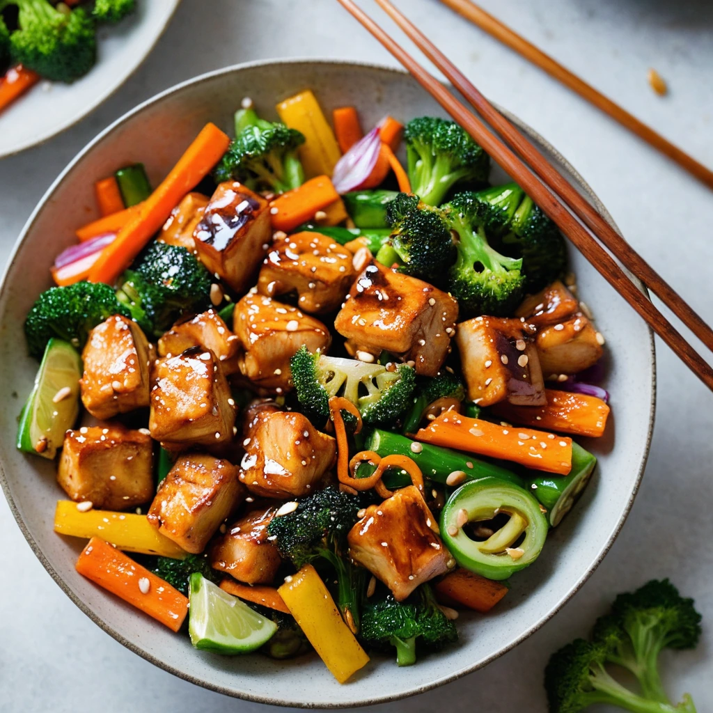 Chicken and colorful vegetables in a glossy orange sauce served in a skillet.