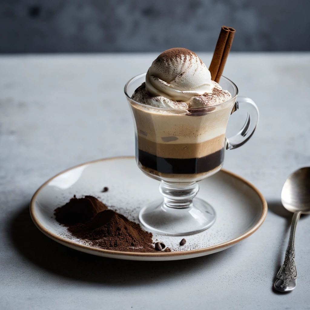 Bowl of vanilla gelato topped with a shot of dark espresso, with a dusting of cocoa powder.