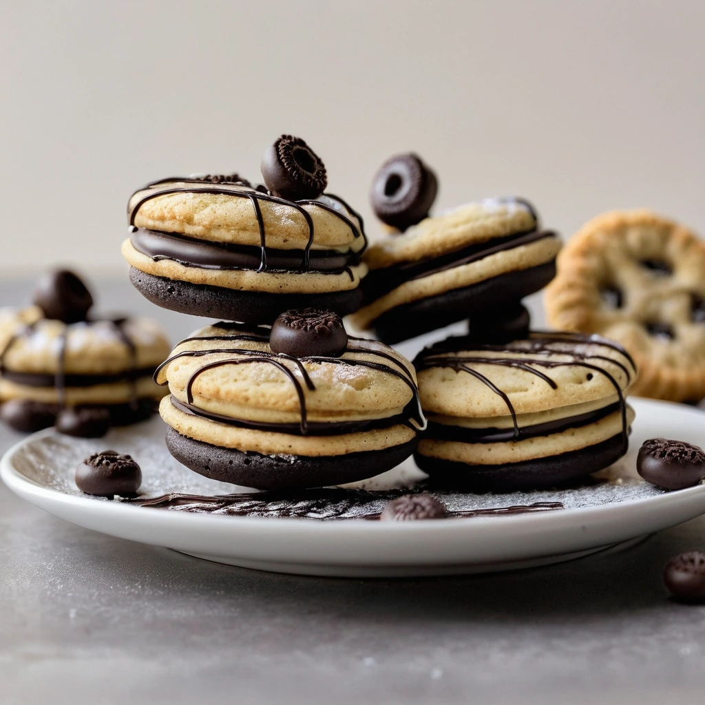 golden brown oreos on a white plate with melted chocolate centers