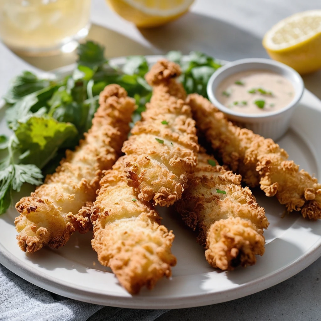 Golden brown chicken tenders arranged on a plate with a side of lemon wedges