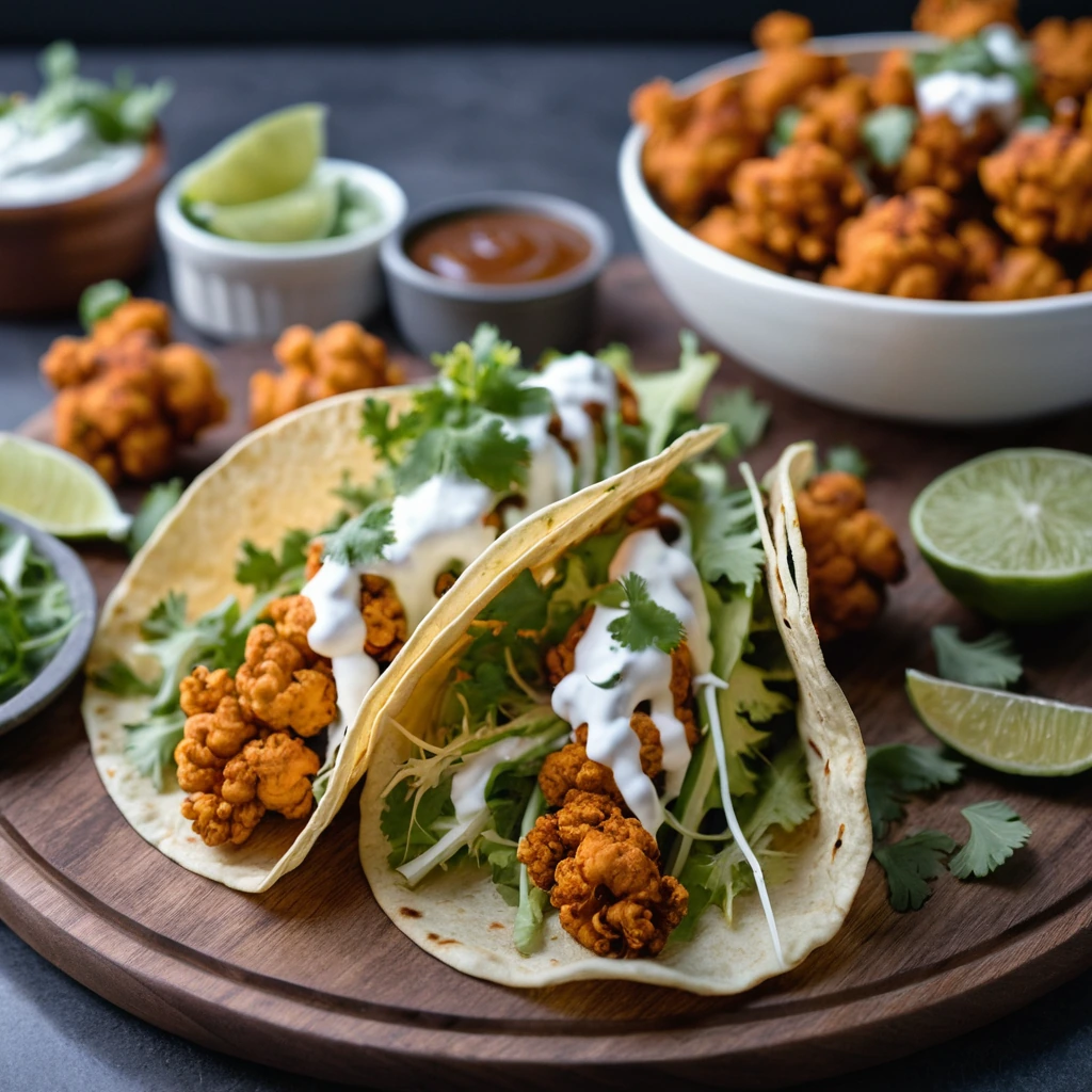 Crispy golden cauliflower pieces in warm tortillas with shredded lettuce and a drizzle of cooling sauce.
