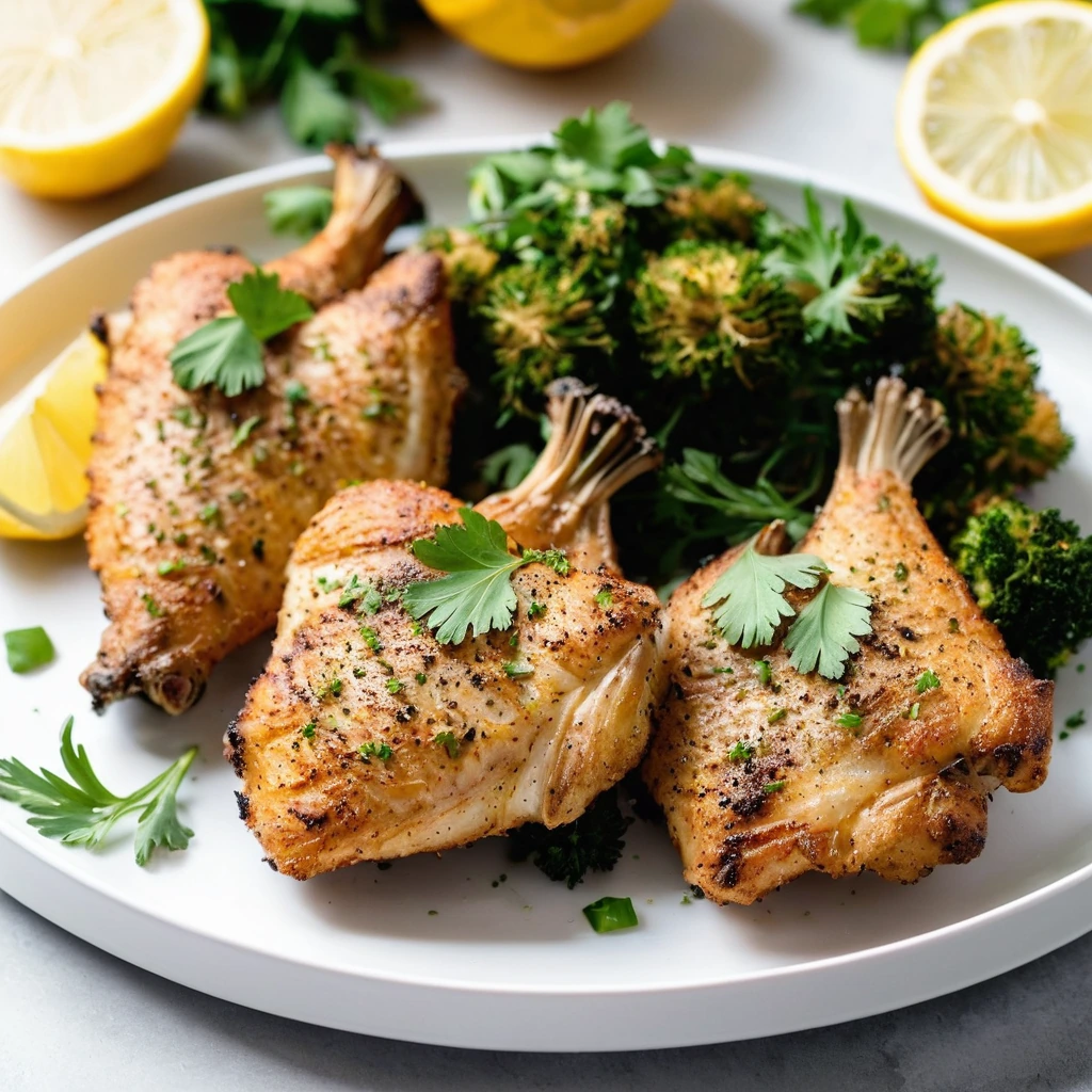 Plump chicken thighs golden brown and crispy, garnished with fresh lemon slices and parsley on a serving platter.