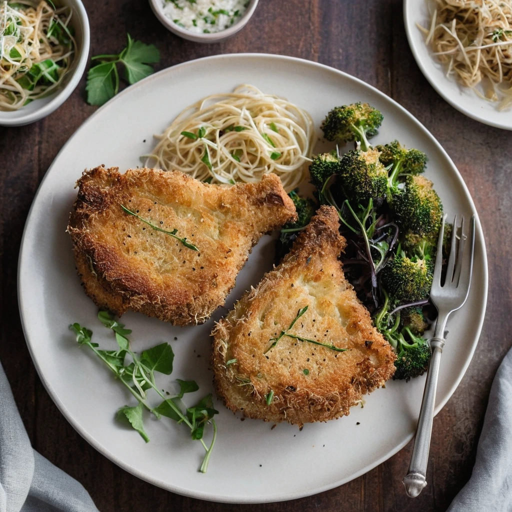 Two golden brown pork chops with a crispy Parmesan crust on a white plate.