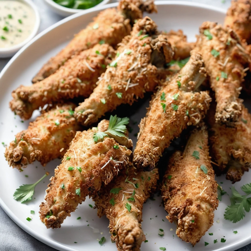 Golden crispy chicken wings dusted with Parmesan and fresh parsley on a serving platter.