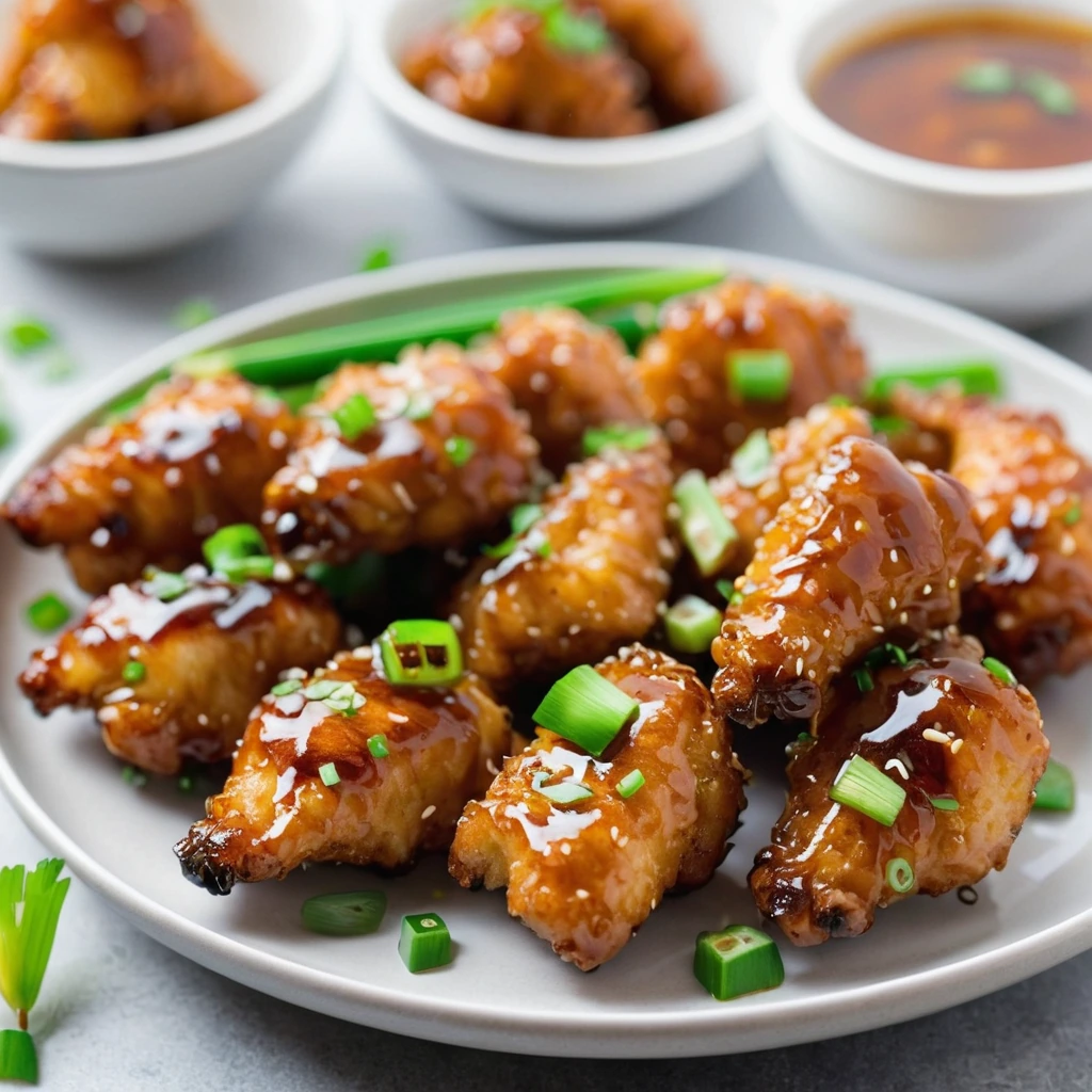 A plate of golden chicken bites drizzled with a glossy honey garlic sauce, garnished with chopped green onions.