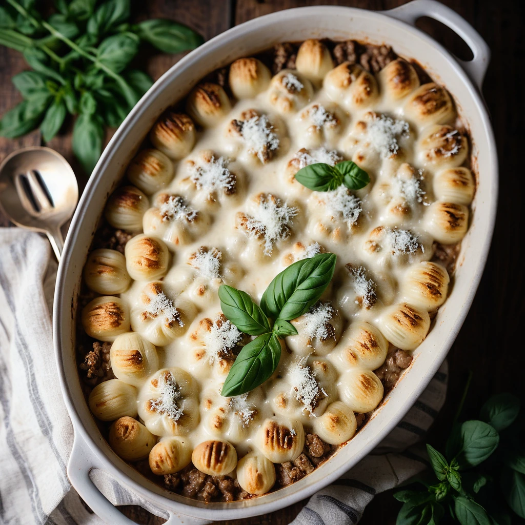 Golden brown casserole dish filled with creamy alfredo, beef, and gnocchi topped with melted mozzarella.