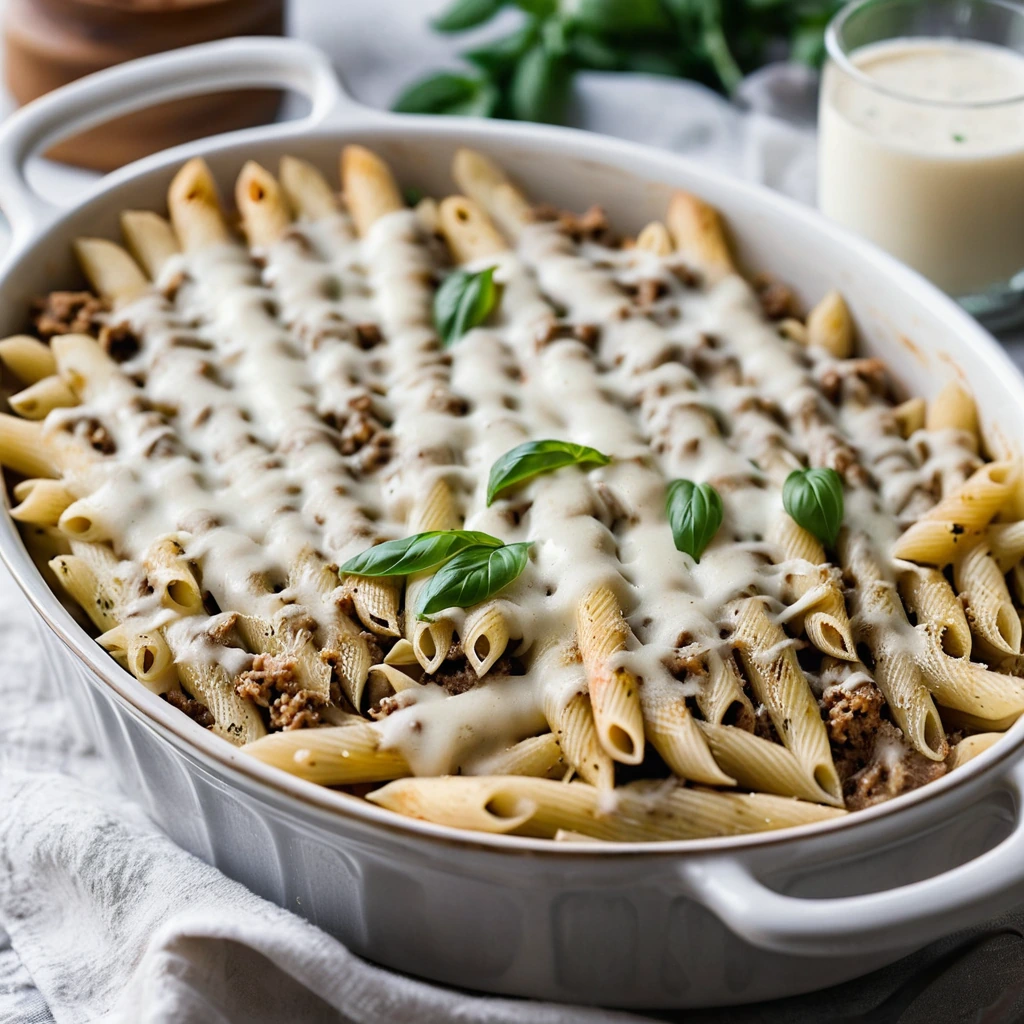 Baked penne pasta with ground beef and creamy alfredo sauce, topped with melted mozzarella.