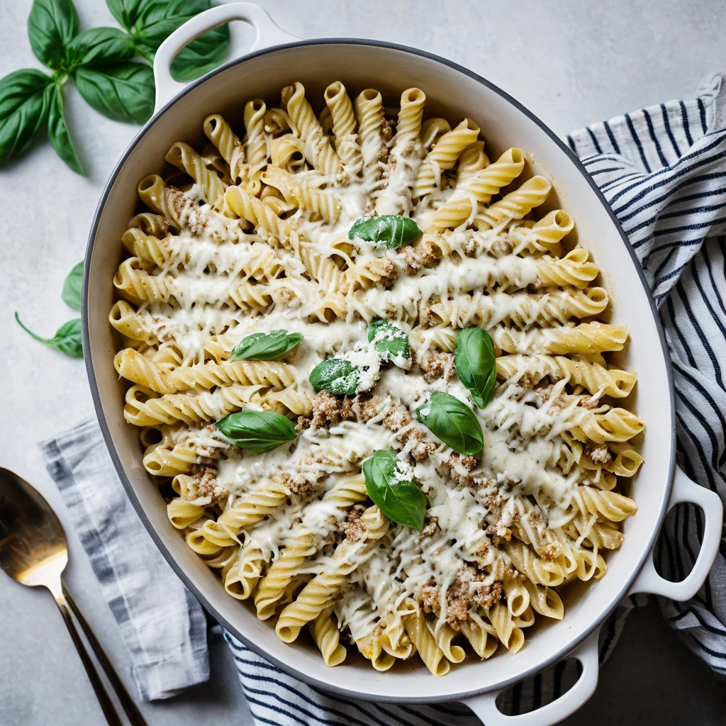 Golden bubbly casserole with pasta shells, ground beef, and creamy white sauce, sprinkled with melted cheese.