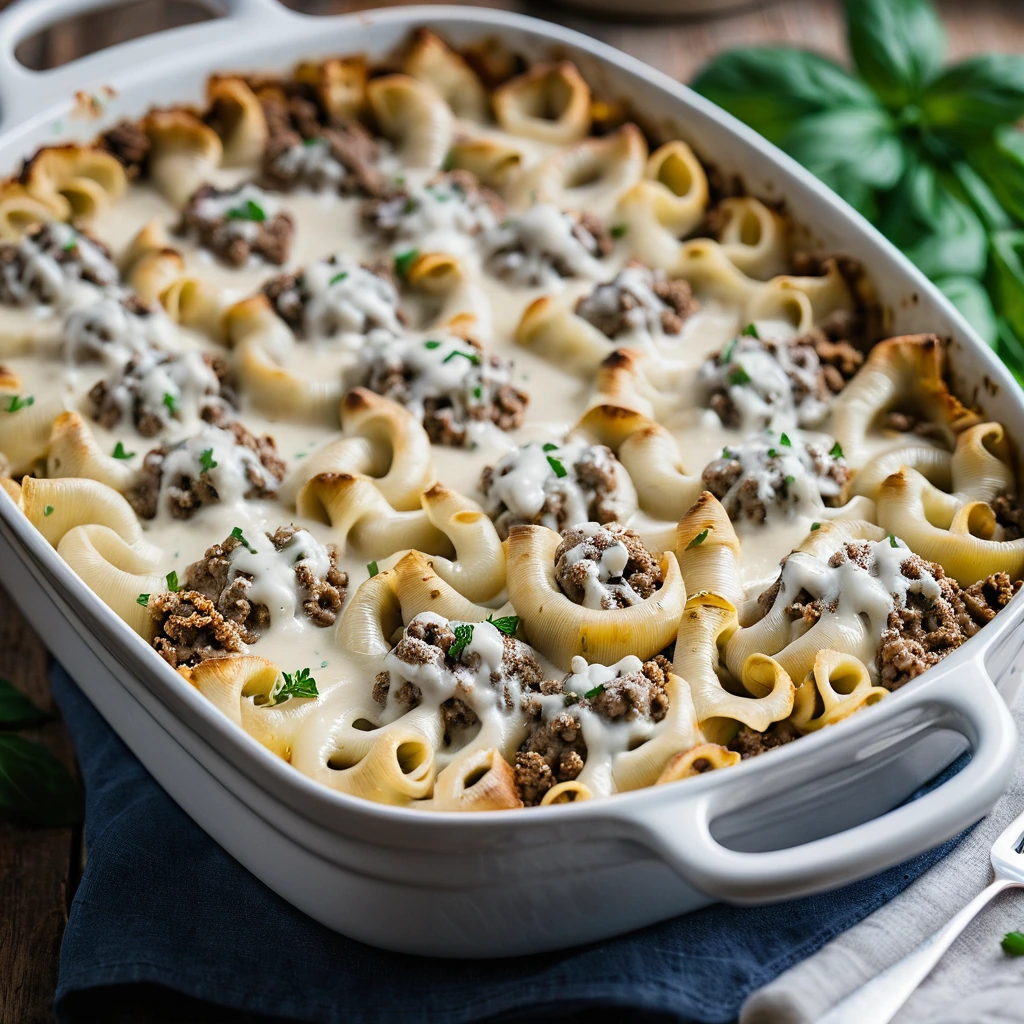 A casserole dish overflowing with baked tortellini, ground beef, and creamy alfredo sauce, topped with melted mozzarella and golden breadcrumbs.