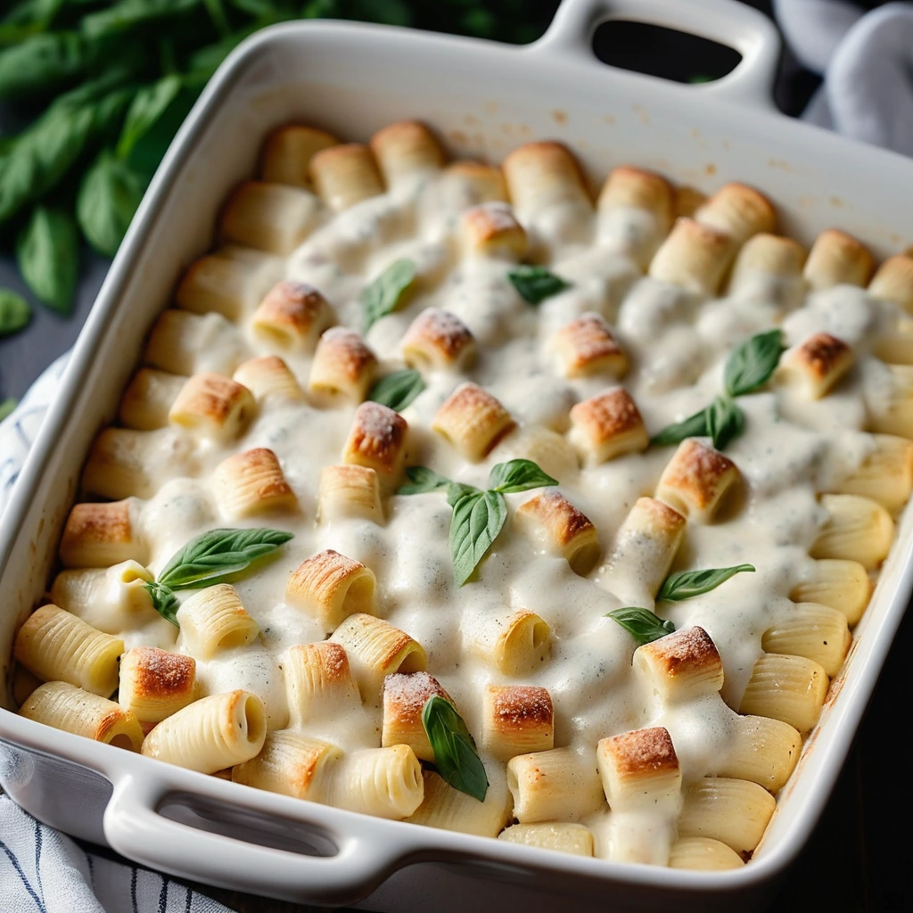Golden-brown casserole in a baking dish with melted cheese on top, filled with creamy alfredo sauce, gnocchi, and diced ham.