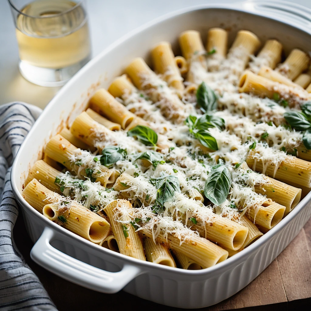 Baked pasta dish with golden bubbly cheese topping served in a casserole dish.
