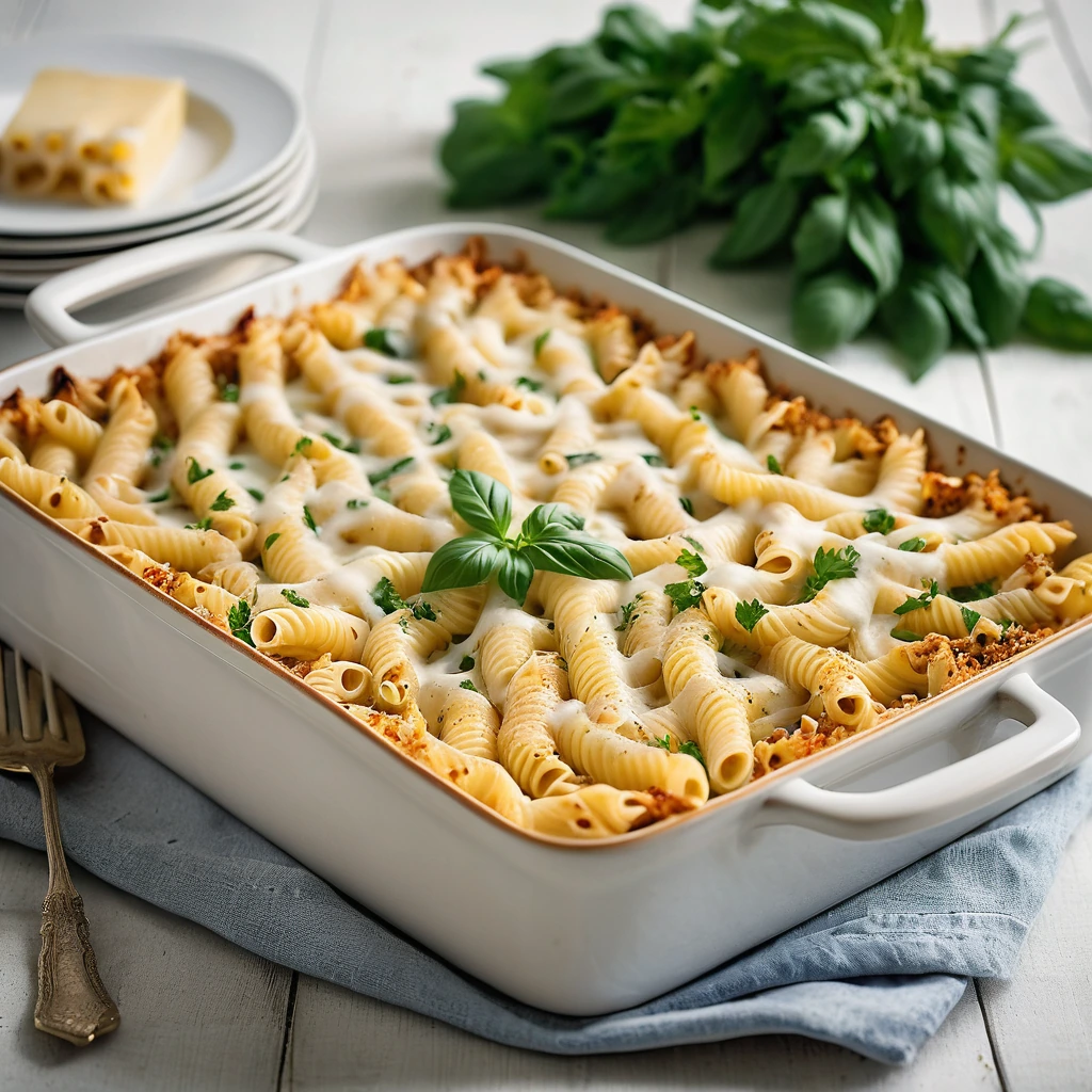 Golden bubbly pasta bake in a casserole dish with melted cheese on top, garnished with parsley.