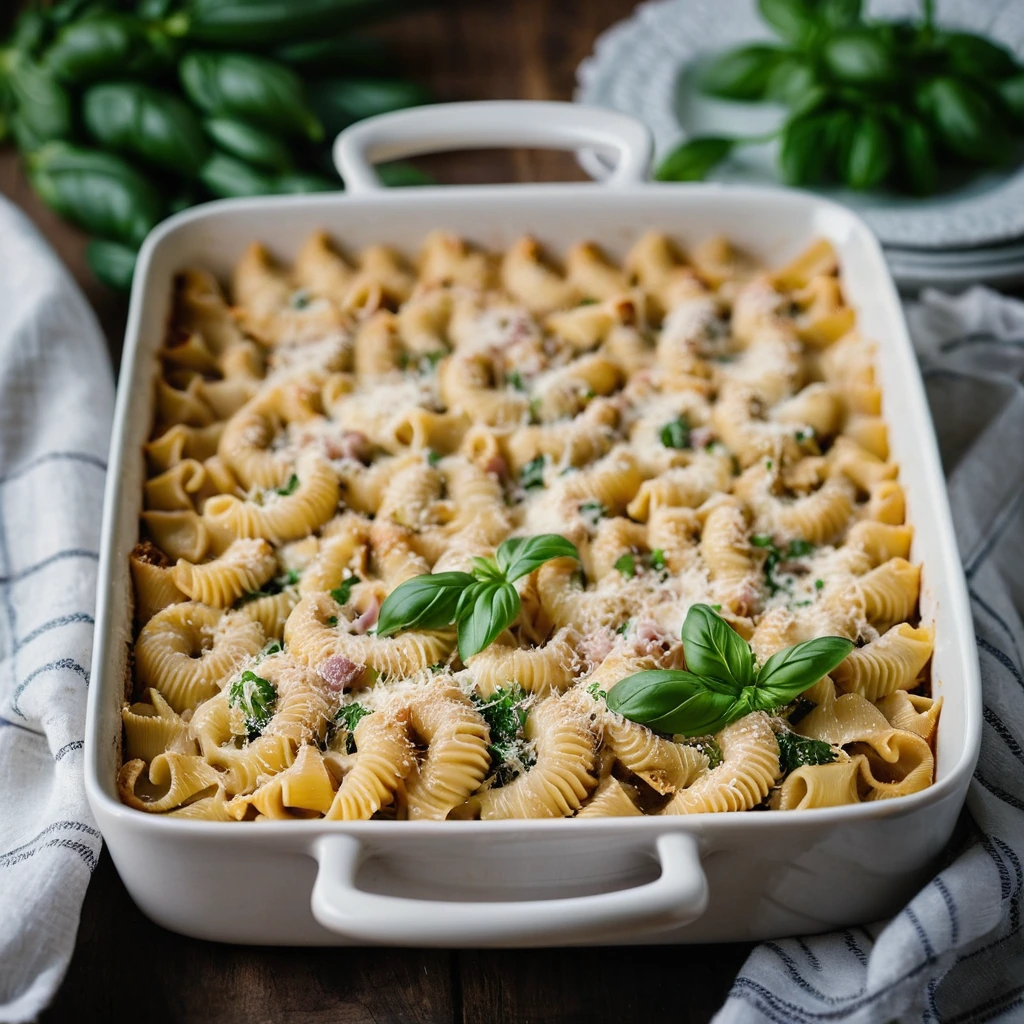 Baked pasta in a creamy sauce with ham and cheese, topped with golden breadcrumbs in a casserole dish