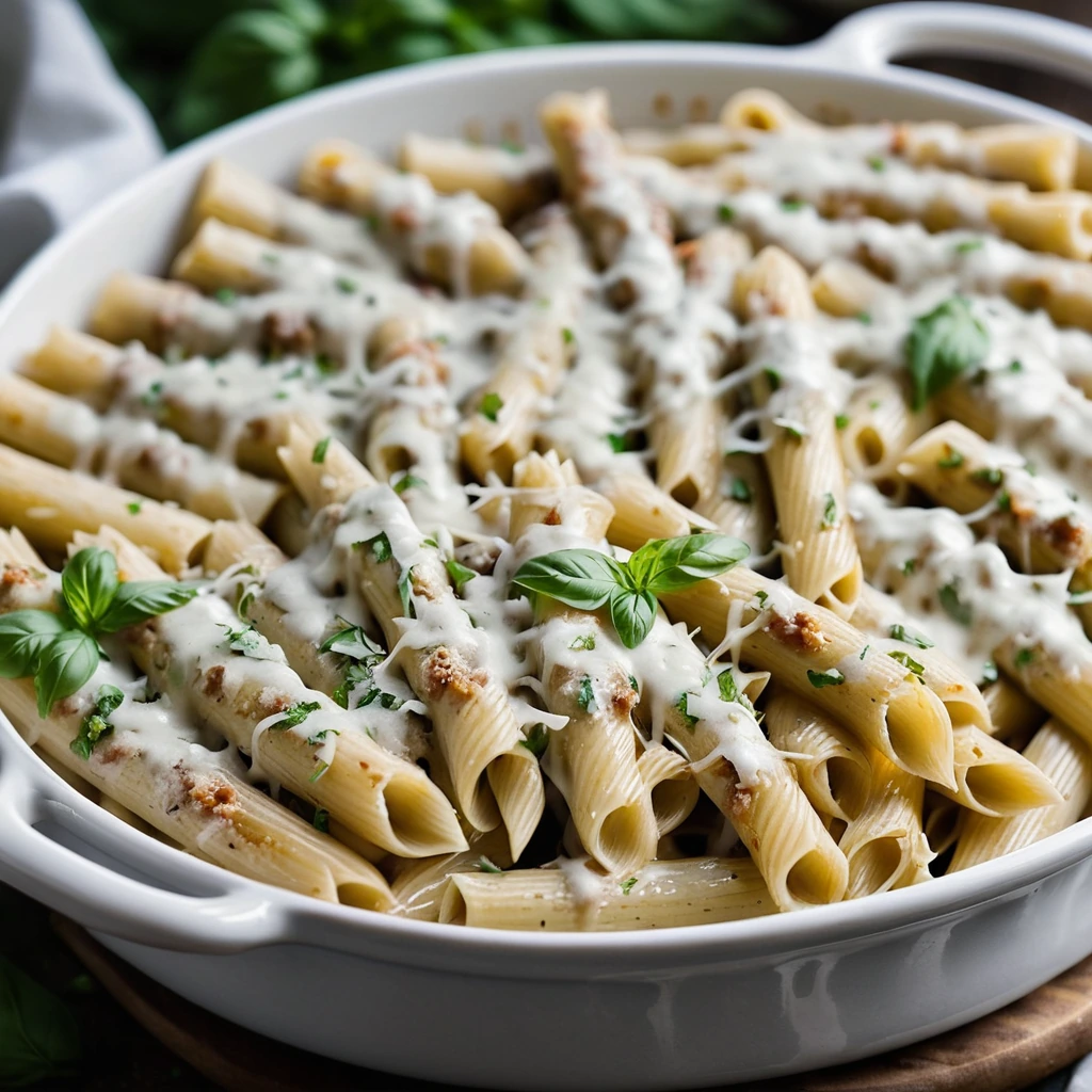 Baked penne pasta in a creamy white sauce topped with melted cheese and Italian sausage crumbles.