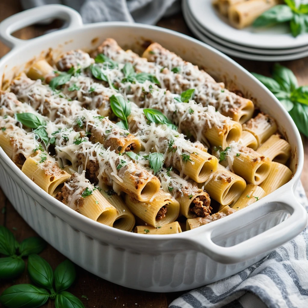 Baked pasta dish with golden, bubbly cheese topping and flecks of green parsley.
