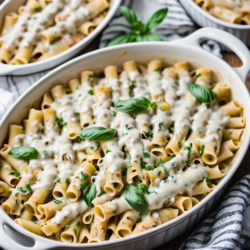 Baked pasta shells in a creamy white sauce topped with melted cheese, served in a casserole dish