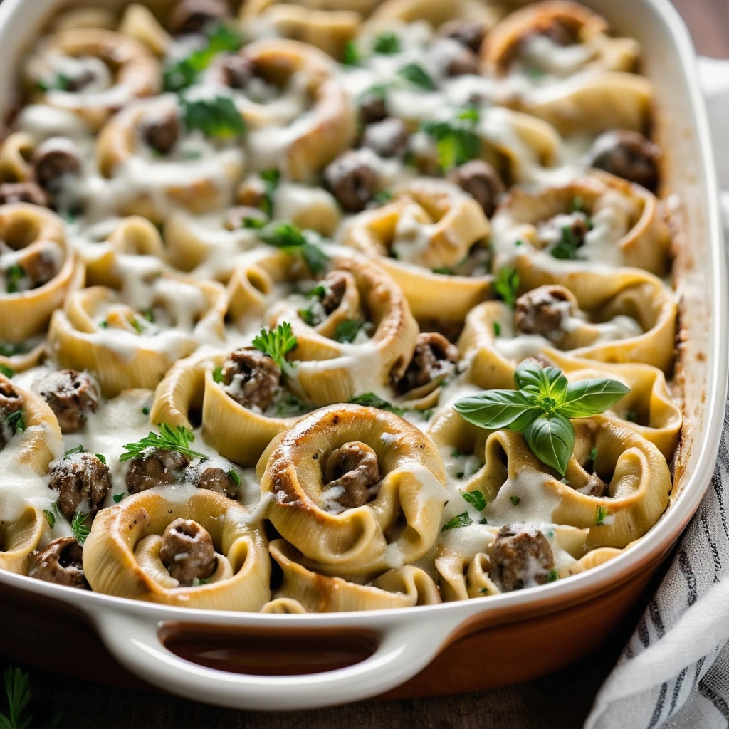 Golden-brown casserole in a baking dish with melted cheese on top, garnished with fresh parsley.
