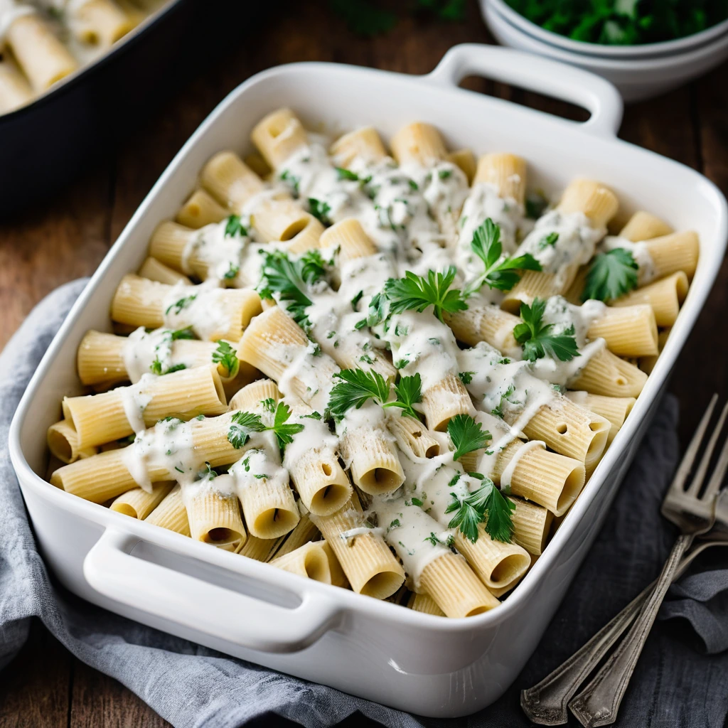 Baked pasta dish with golden top, white sauce, and flecks of green parsley served in a casserole dish.
