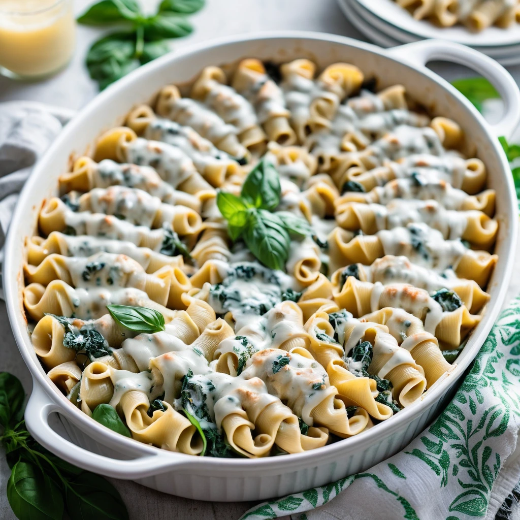 Baked pasta dish with golden bubbly cheese crust, green spinach, and white sauce in a casserole dish.