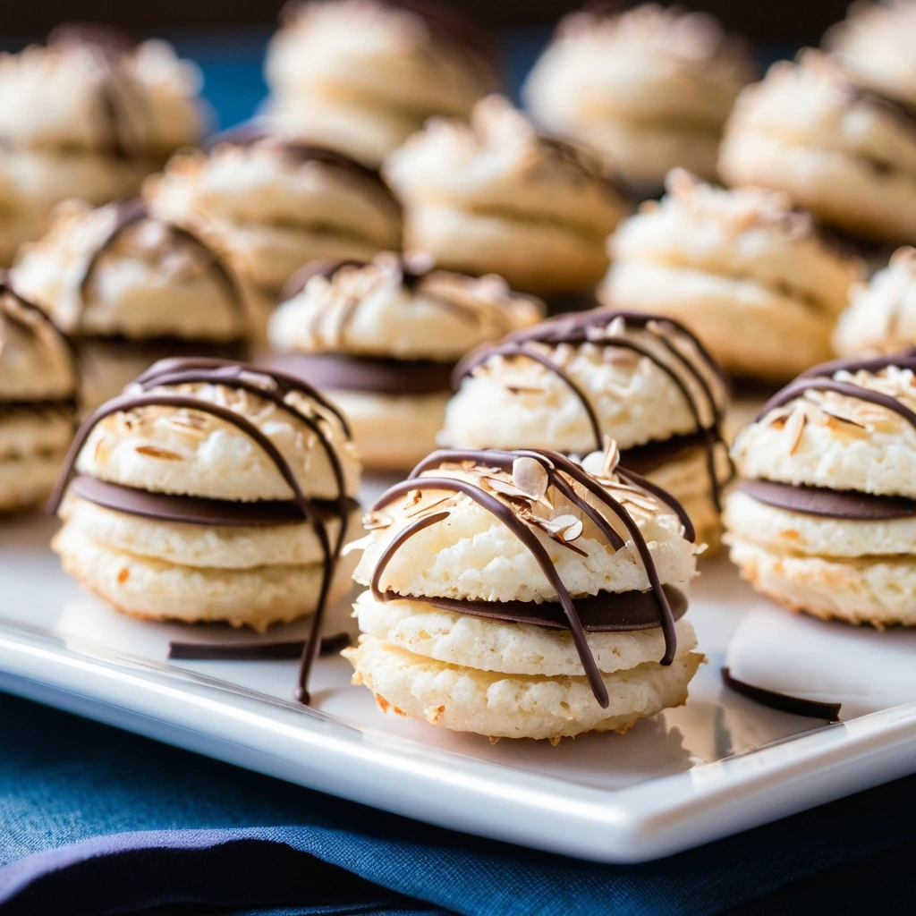 Golden brown coconut macaroons with chocolate drizzle and almond slivers on a platter.