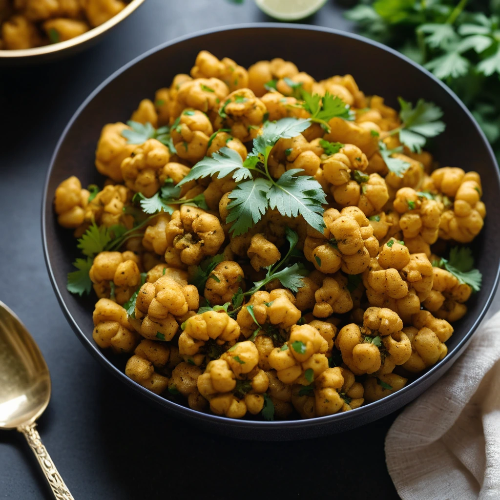 Golden-hued aloo gobi served in a traditional Indian plate, garnished with fresh cilantro.