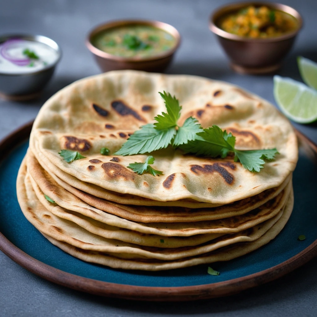 Stacked golden parathas with crispy edges and flecks of fresh coriander.