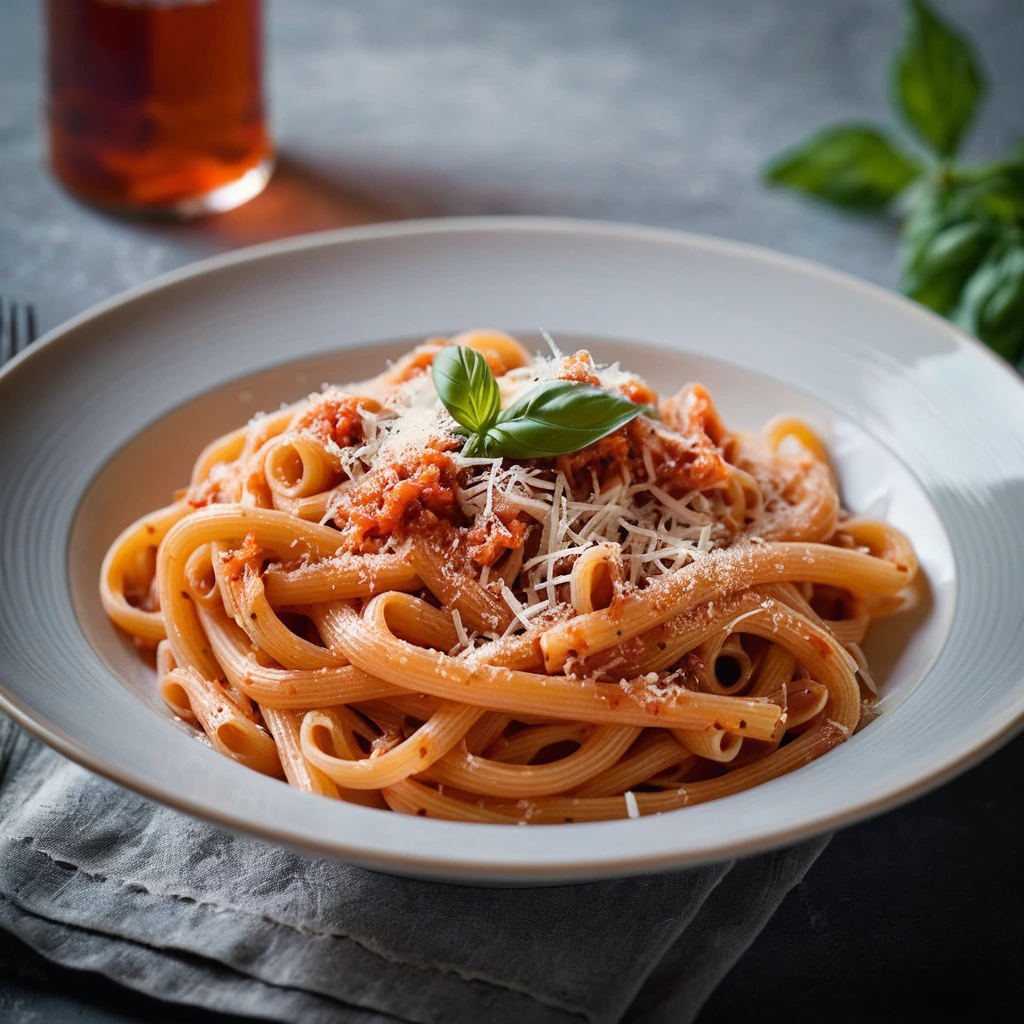 A bowl of pasta smothered in a vibrant red sauce, topped with grated Parmesan cheese and specks of crispy bacon.