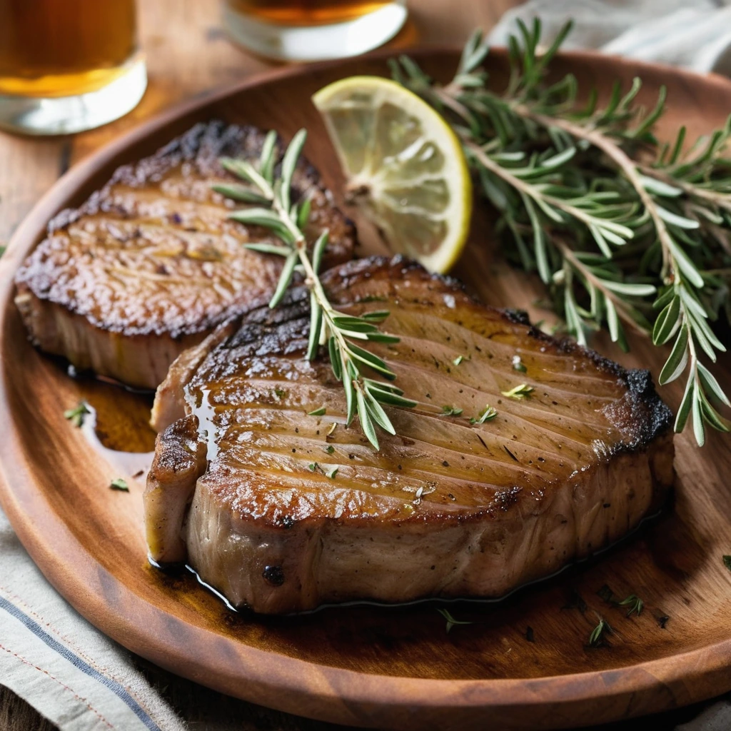 Golden brown pork chops on a rustic wooden board garnished with fresh thyme sprigs.