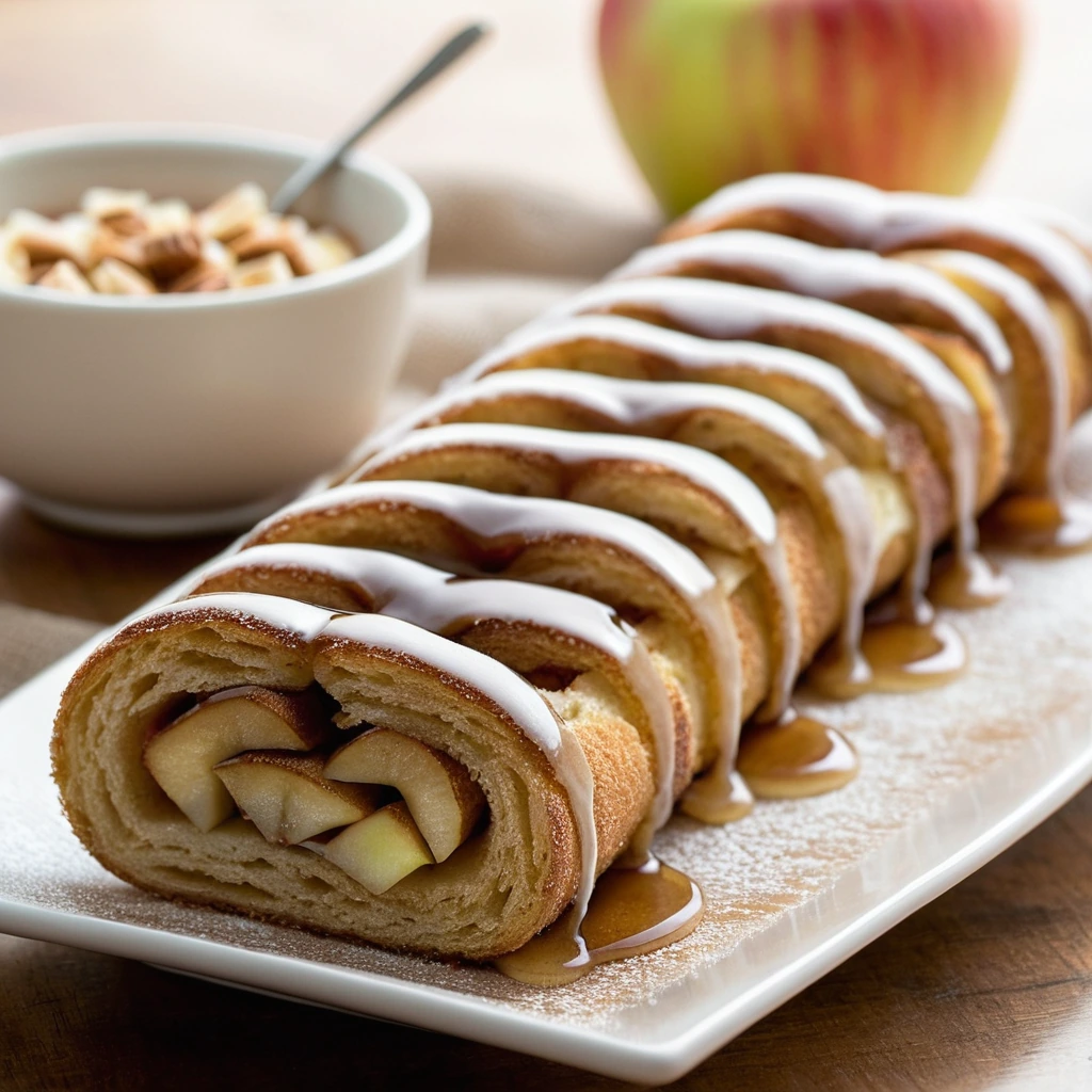 Golden brown rolled French toast slices with visible cinnamon and apple pieces, drizzled with amber maple glaze.