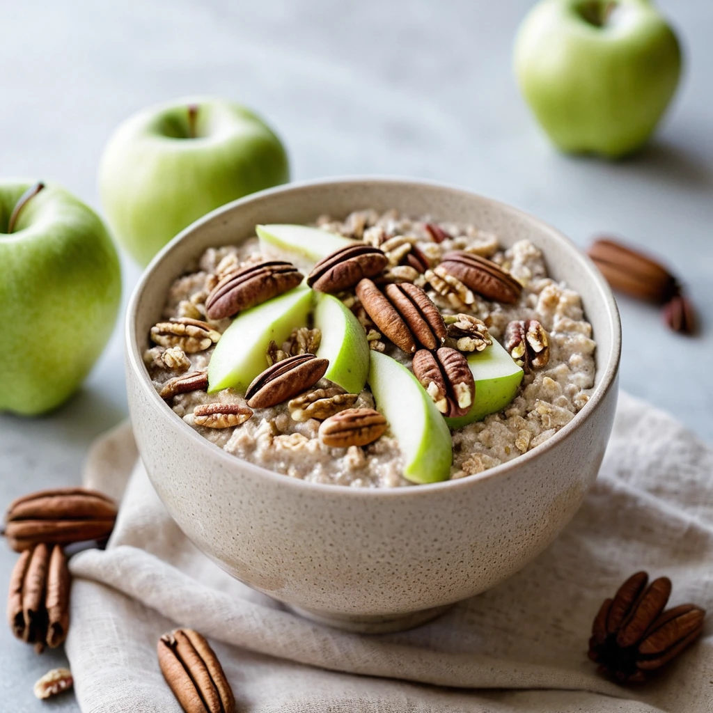 Bowl of thick, golden overnight oats sprinkled with cinnamon and topped with diced green apples and toasted pecan halves.