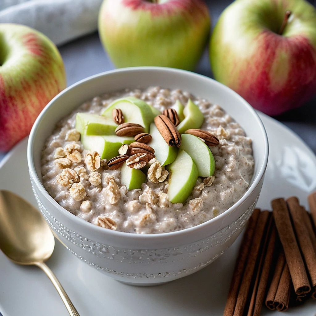 Creamy oats in a bowl topped with diced apple and a sprinkle of cinnamon.