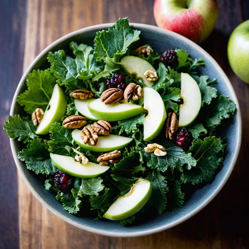 A vibrant green kale salad with red apple slices, golden walnuts, and drizzled with a shiny maple vinaigrette in a rustic wooden bowl.