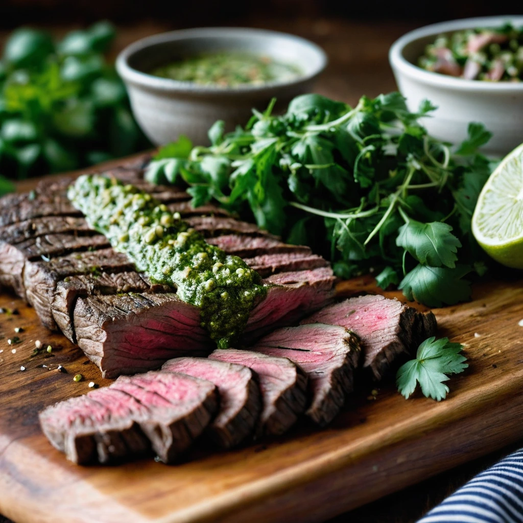 Grilled flank steak sliced and drizzled with bright green chimichurri sauce on a rustic wooden board.