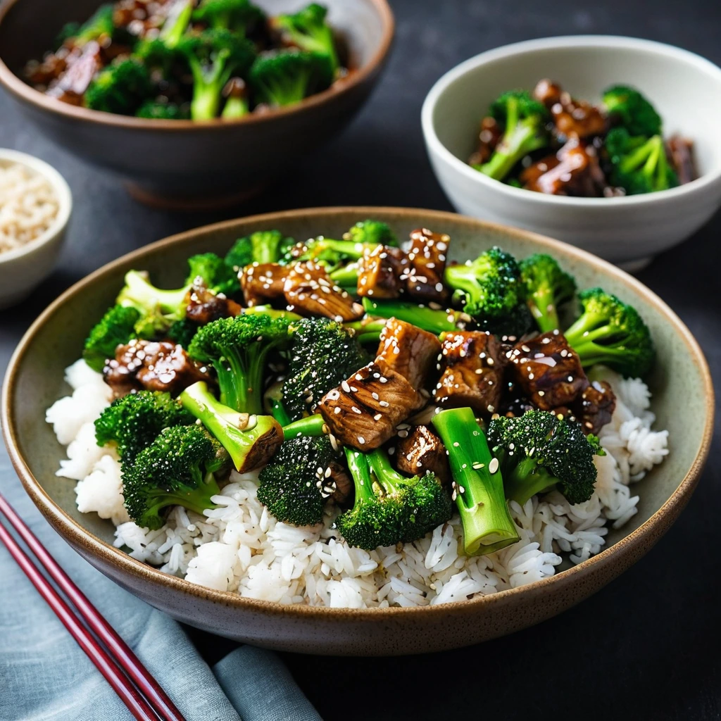 Stir-fried broccoli and pork in a glossy sauce, garnished with sesame seeds on a plate.