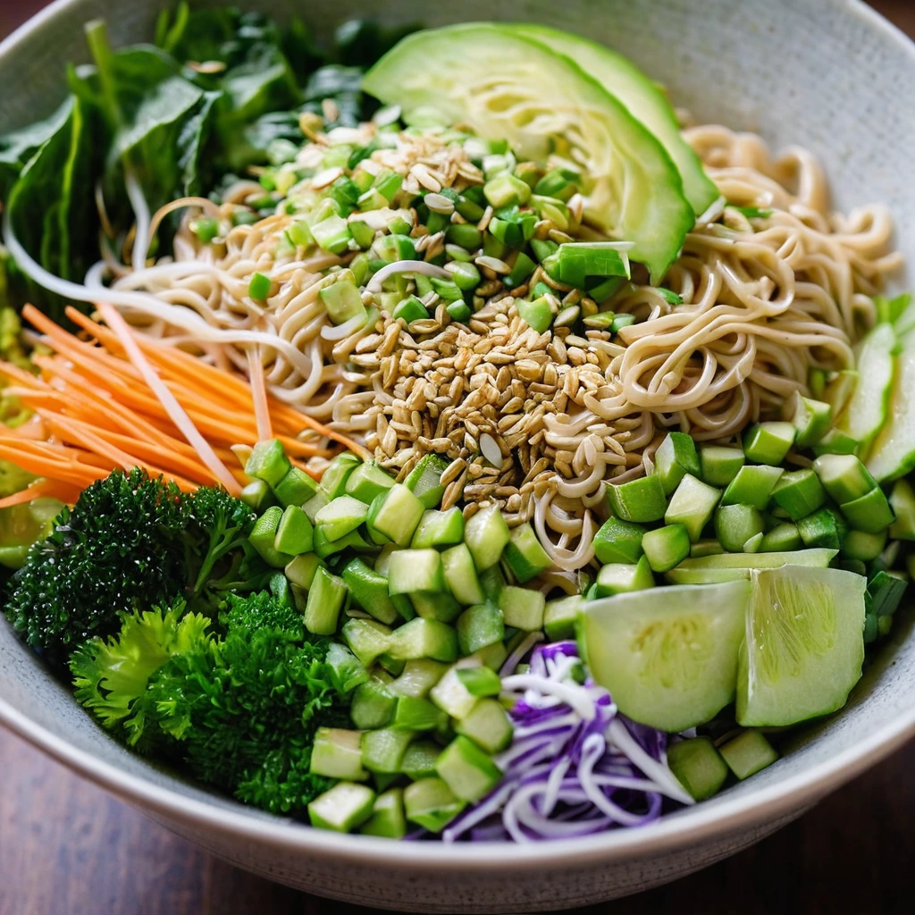 Colorful salad in a bowl with green vegetables, crushed ramen noodles, and sesame seeds sprinkled on top.