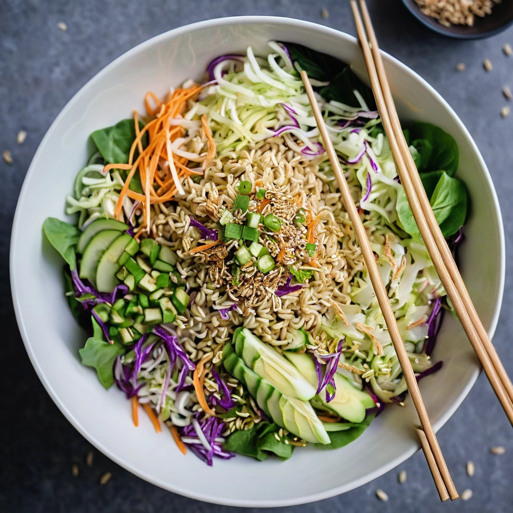 Colorful salad with shredded cabbage, ramen noodles, sesame seeds in a white bowl