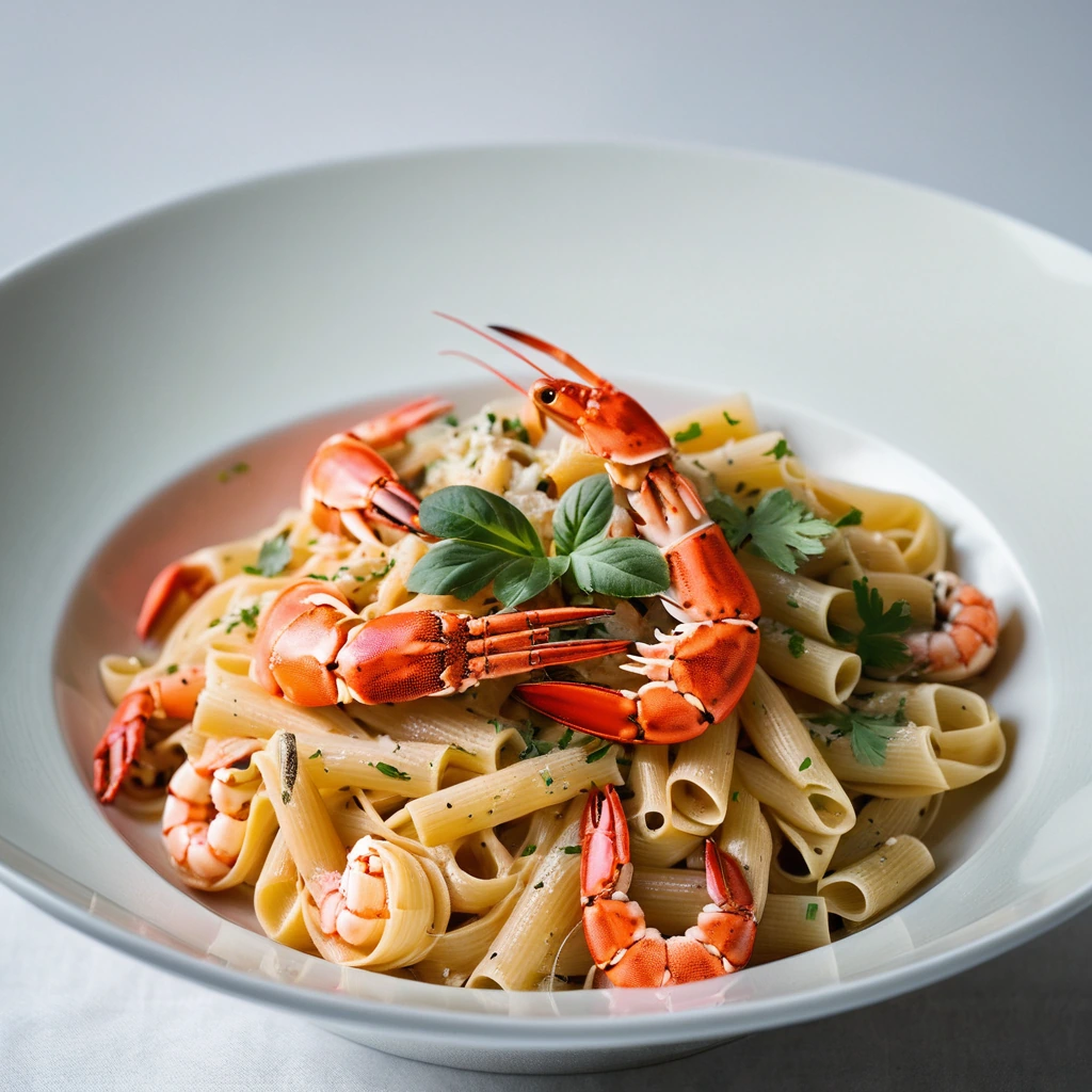 Rich golden pasta twirled with succulent lobster pieces in a creamy sauce, garnished with fresh parsley in a white bowl.