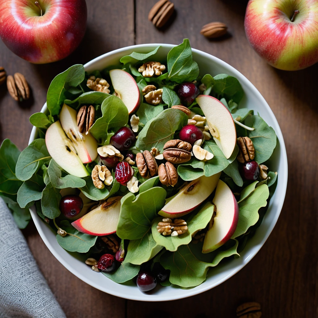 Colorful salad with greens, sliced red apples, toasted walnuts, and dried cranberries in a bowl