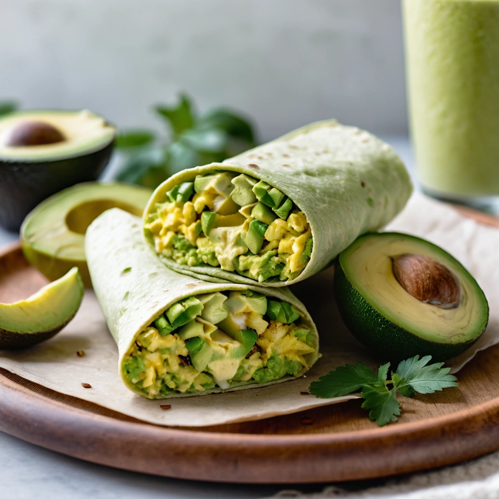 Golden brown tortillas filled with green avocado slices and fluffy yellow scrambled eggs, served in a rustic wooden platter.